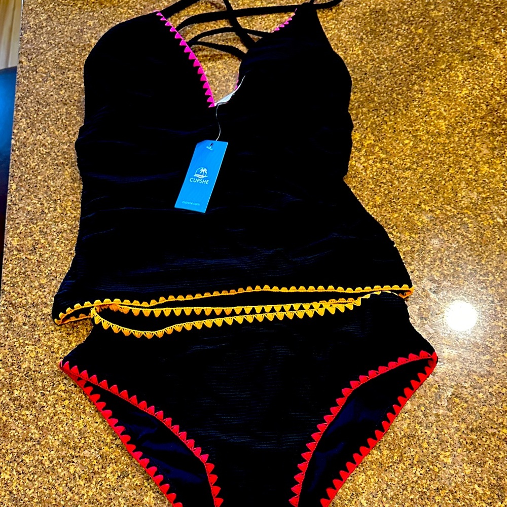 Cupshe Black Swimsuit with Pink, Yellow, and Red Accents